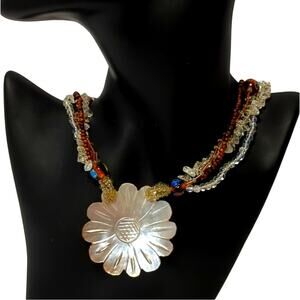 Boho Millefiori Glass Bead Necklace Mother of Pearl Flower Pendent - 21-24in